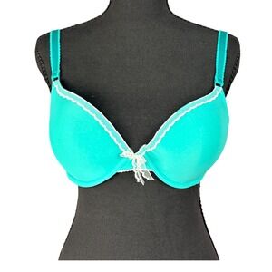 Aerie Teal Green Push Up Bra White Lace Trim Coquette Underwire 36C Boho